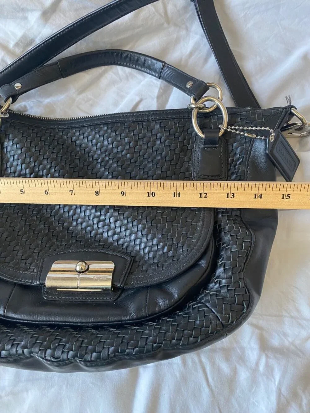 Coach Kristin Black Woven Leather Satchel With Closure & Adjustable Strap